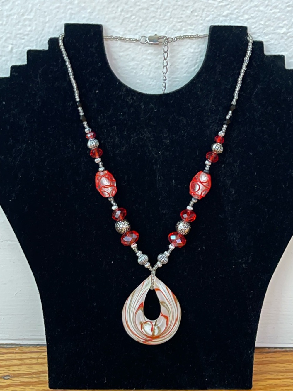 Handmade Red & White Swirl Glass Teardrop Pendant Necklace